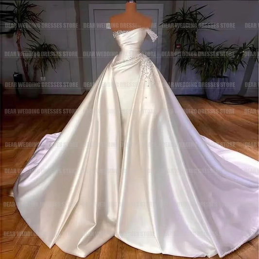 Luxury Detachable Train Mermaid Wedding Dresses Woman Sexy Pearl Satin Formal Elegant Party Gowns