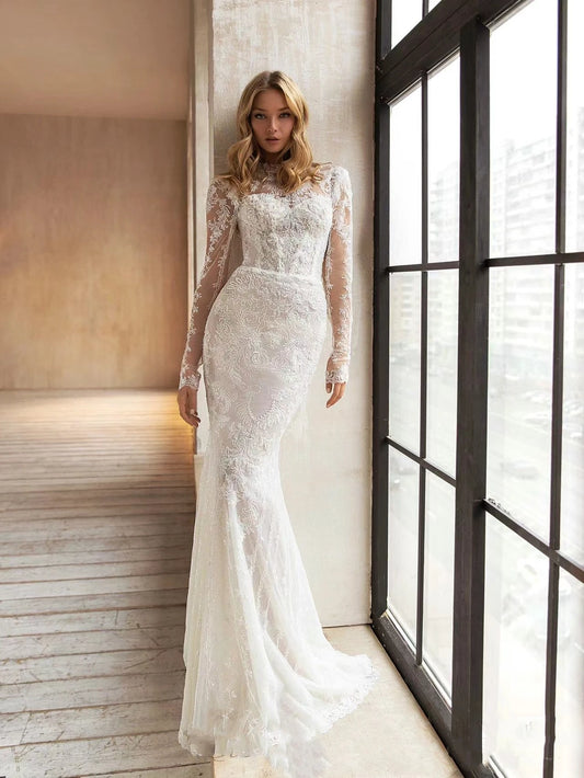 Lily Dee Lace Long Sleeves Wedding Dress Beautiful Wedding Dresses With Detachable Train O-Neck Long Sleeves Bridal Gowns Lace Appliques