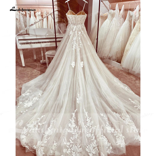 Princess Lace Wedding Dress Bridal Spaghetti Straps Chapel Train Champagne Tulle Wedding Gown