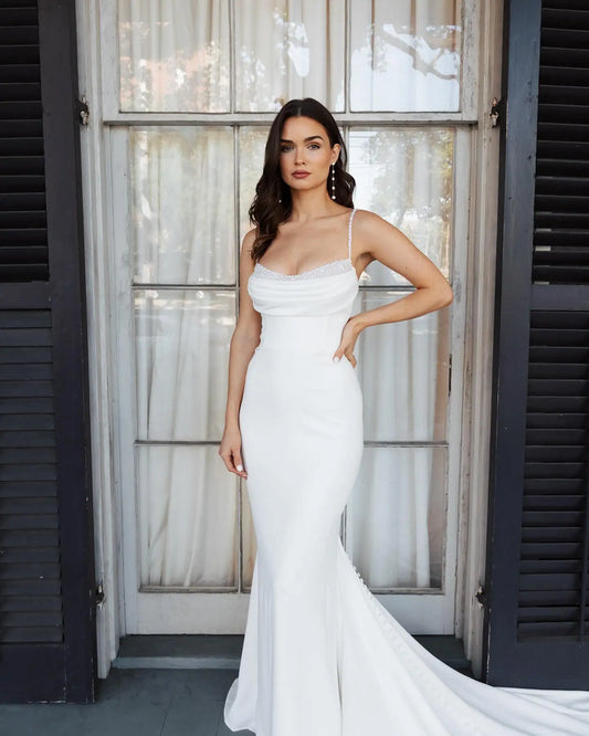 Elegant Spaghetti Straps Beaded Soft Satin Mermaid Wedding Dress Backless